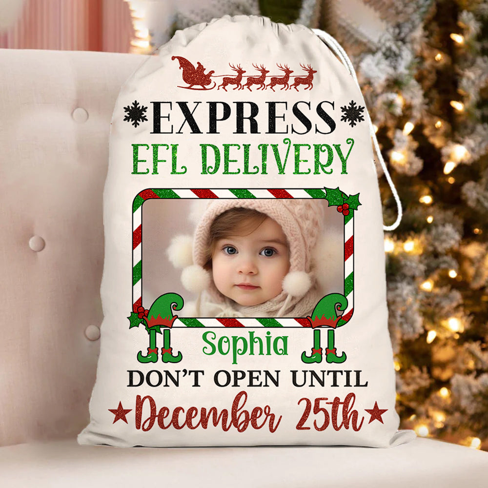 Personalized "Express Elf Delivery" Christmas sack gift bag for family, holiday decor.