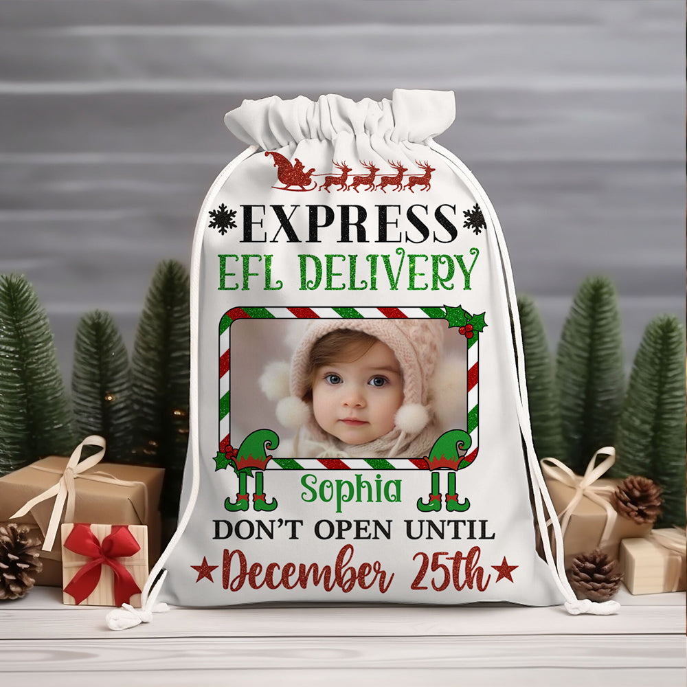 Personalized "Express Elf Delivery" Christmas sack gift bag for family, holiday decor.