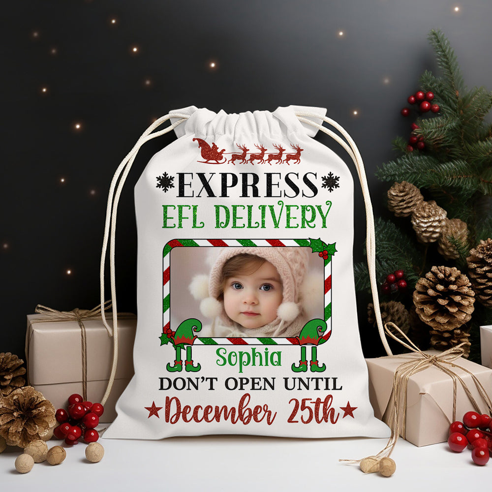Personalized "Express Elf Delivery" Christmas sack gift bag for family, holiday decor.