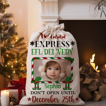 Personalized "Express Elf Delivery" Christmas sack gift bag for family, holiday decor.