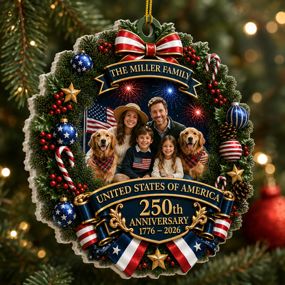 Family Photo America 250th Anniversary Christmas Names - Real 3D Relief Ornament 2