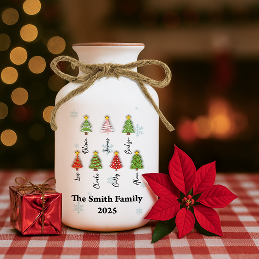 Personalized Family Christmas Tree Flower Vase: Elegant white ceramic vase with custom family name detail.
