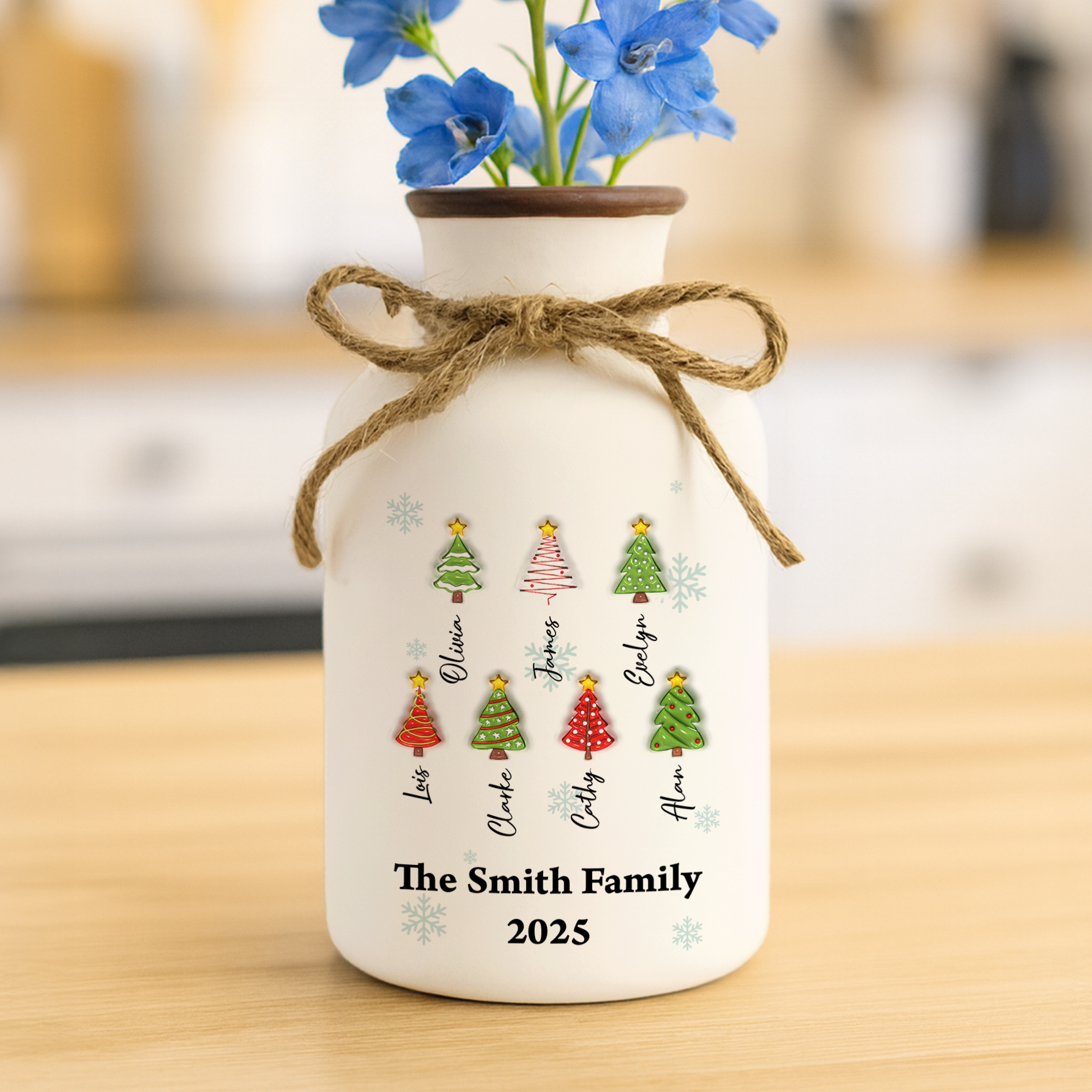 Personalized Family Christmas Tree Flower Vase: Elegant white ceramic vase with custom family name detail.