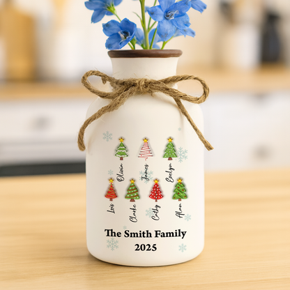Personalized Family Christmas Tree Flower Vase: Elegant white ceramic vase with custom family name detail.