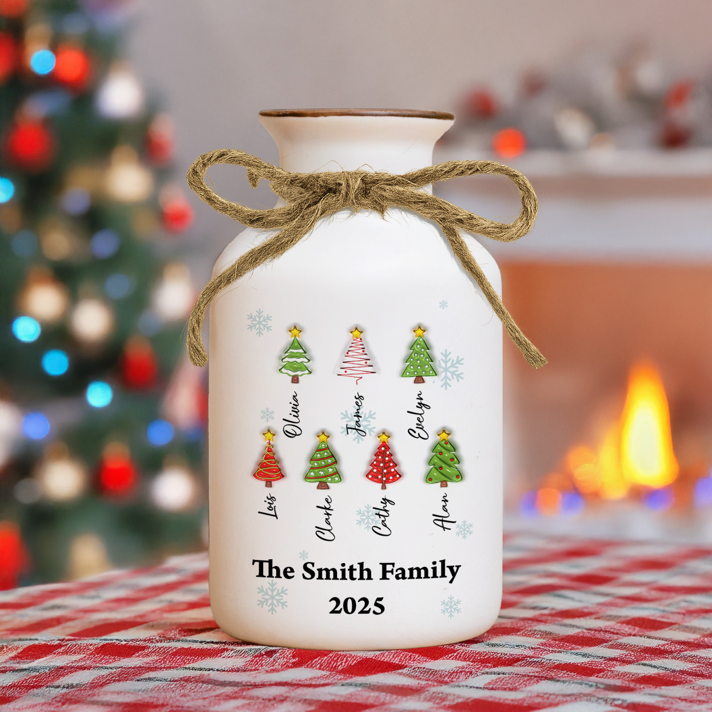 Personalized Family Christmas Tree Flower Vase: Elegant white ceramic vase with custom family name detail.