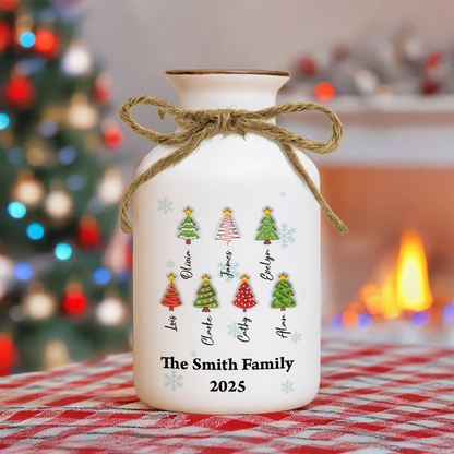 Personalized Family Christmas Tree Flower Vase: Elegant white ceramic vase with custom family name detail.