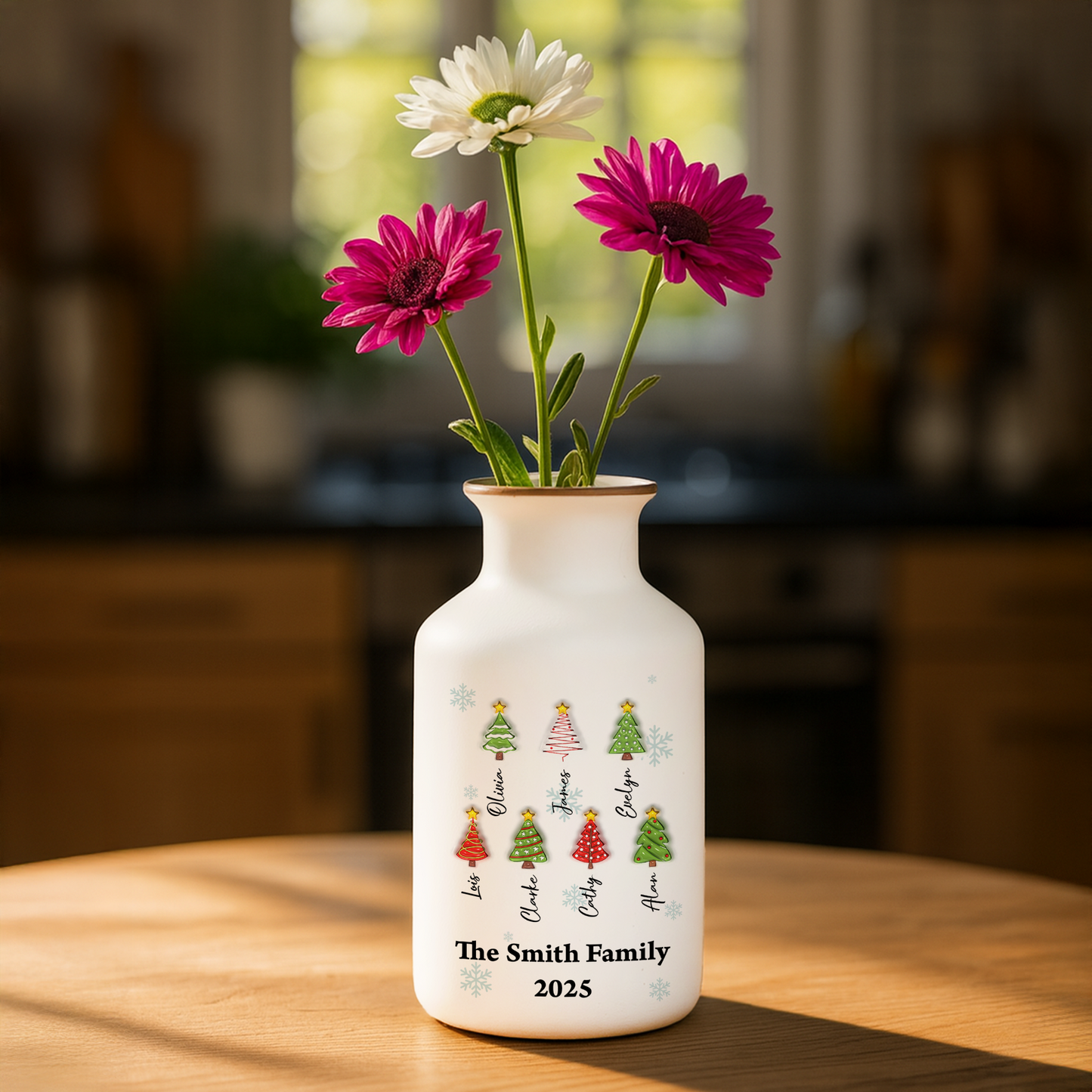 Personalized Family Christmas Tree Flower Vase: Elegant white ceramic vase with custom family name detail.
