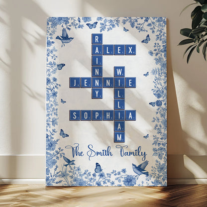 Personalized family crossword art on canvas with flower design, a unique family gift.