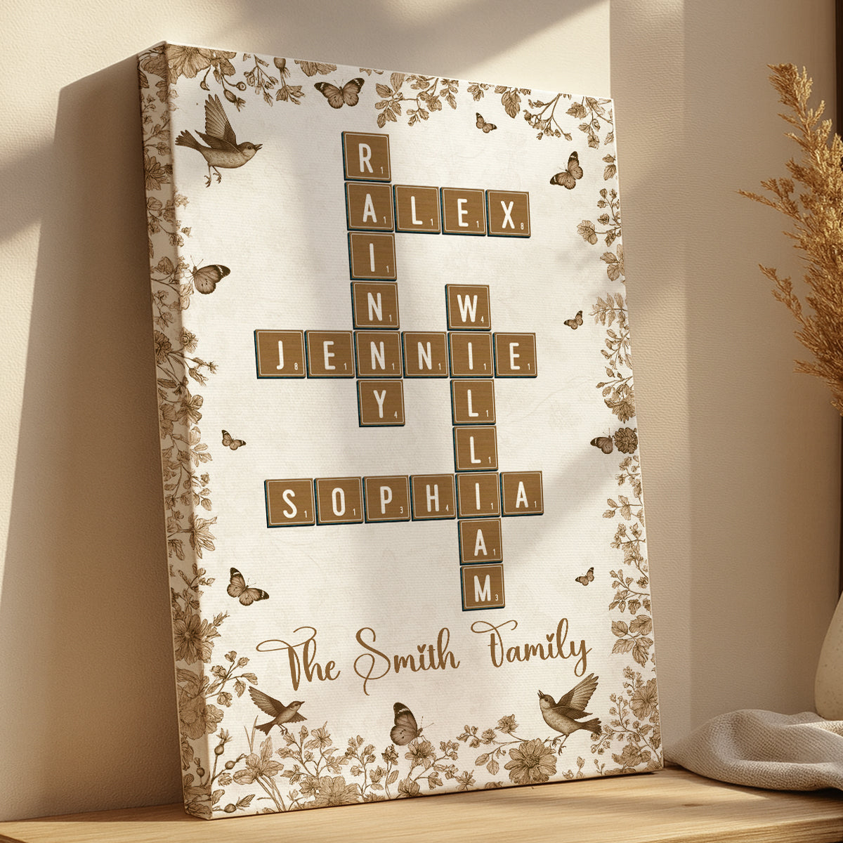 Personalized family crossword art on canvas with flower design, a unique family gift.