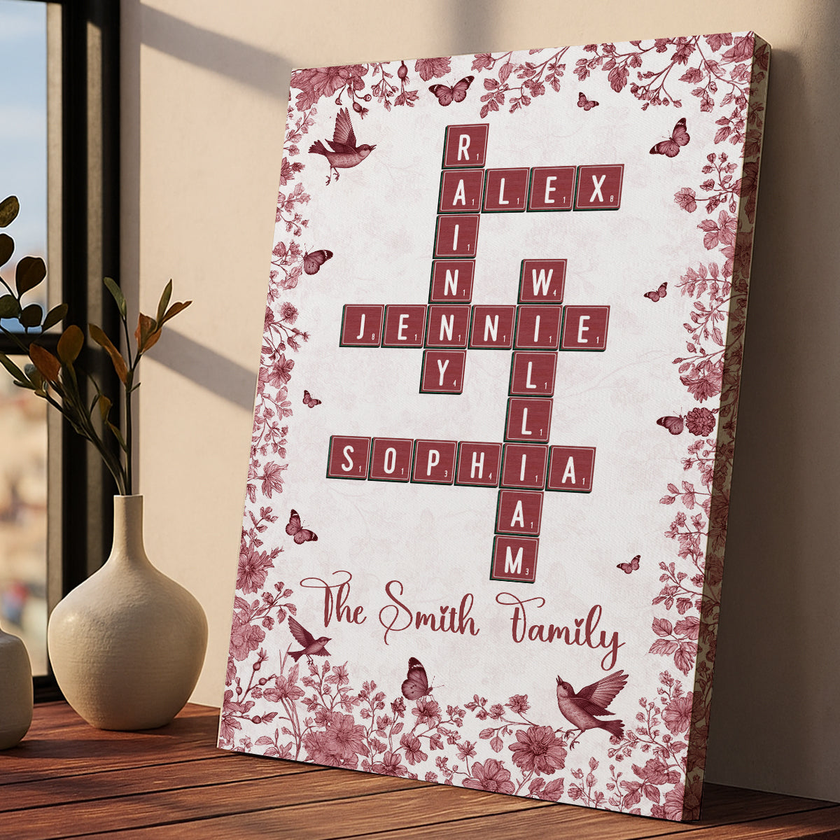 Personalized family crossword art on canvas with flower design, a unique family gift.