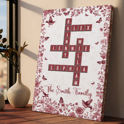 Personalized family crossword art on canvas with flower design, a unique family gift.