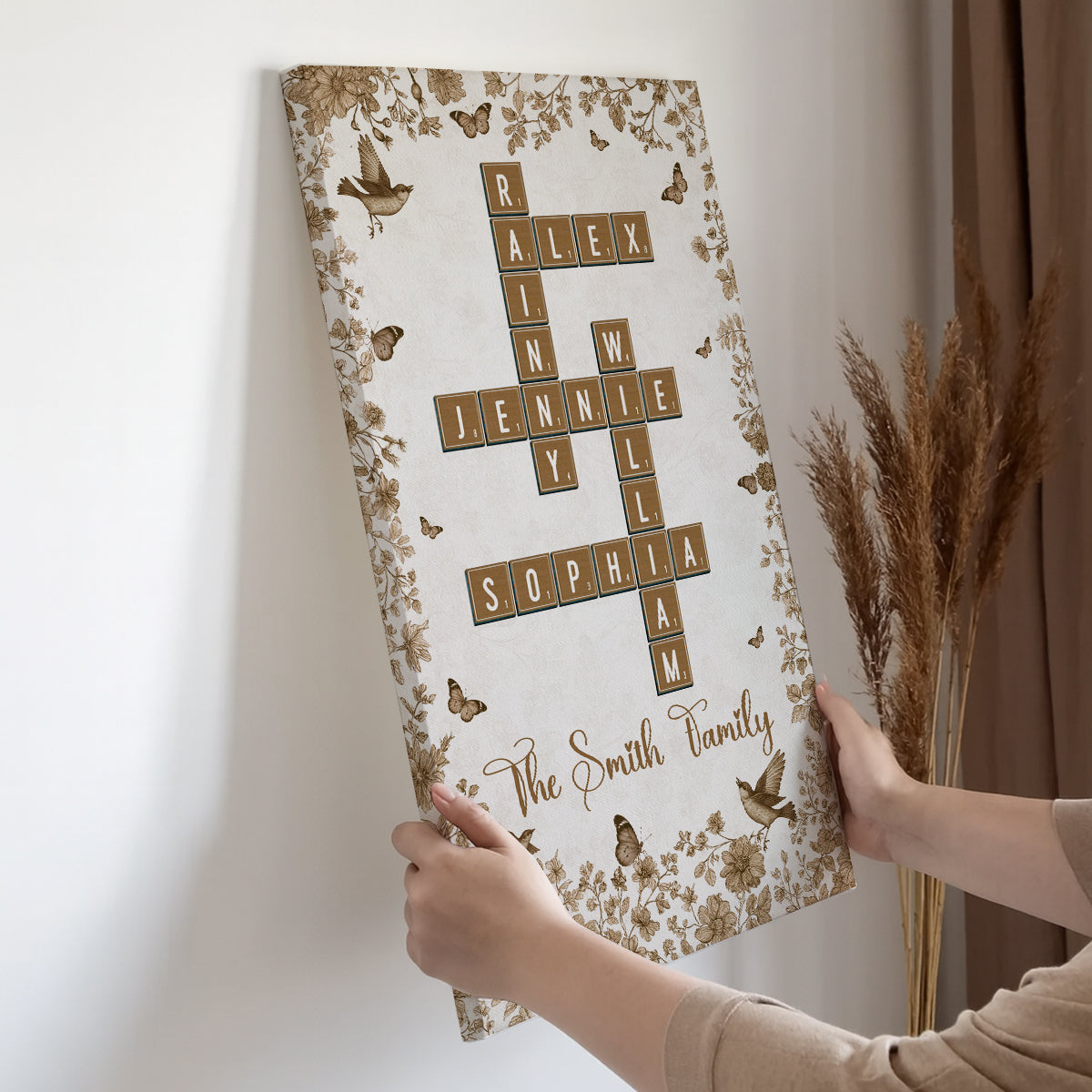 Personalized family crossword art on canvas with flower design, a unique family gift.