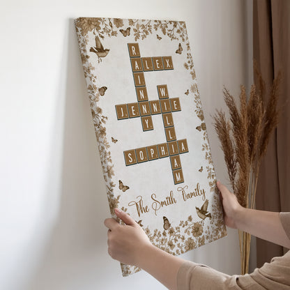 Personalized family crossword art on canvas with flower design, a unique family gift.