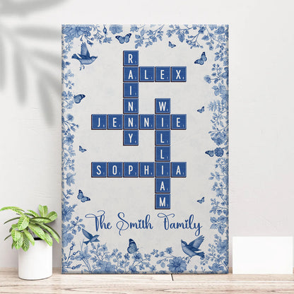 Personalized family crossword art on canvas with flower design, a unique family gift.