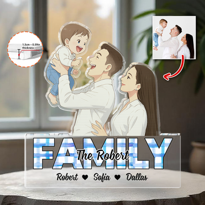 Custom family photo acrylic block plaque with personalized figures.