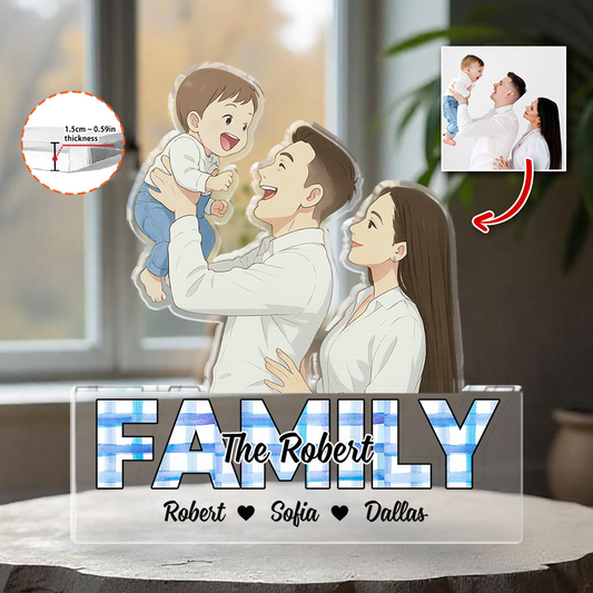 Custom family photo acrylic block plaque with personalized figures.