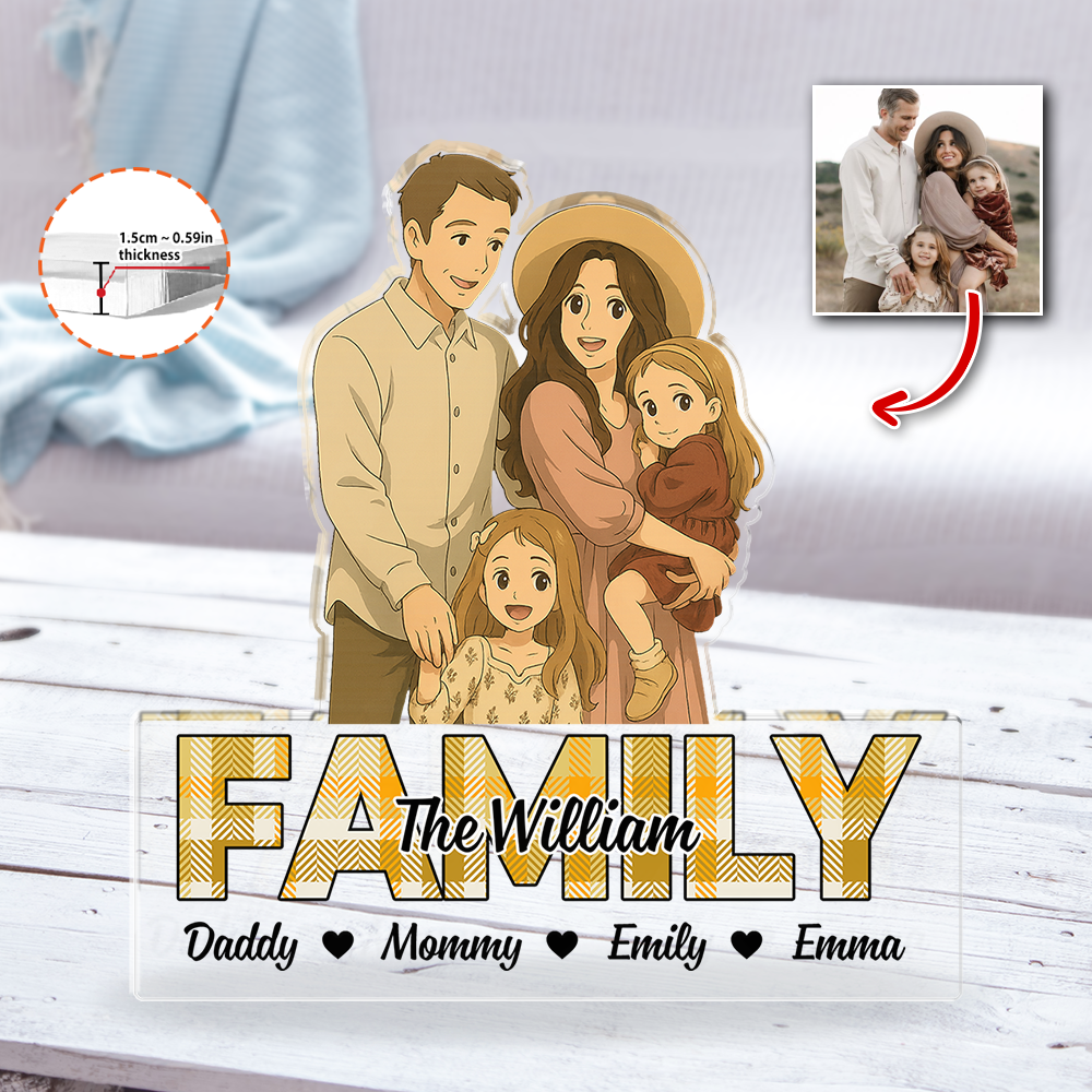 Custom family photo acrylic block plaque with personalized figures.