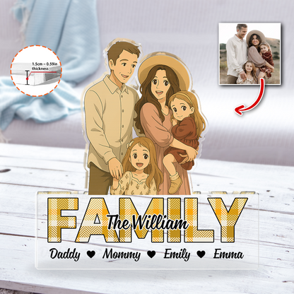 Custom family photo acrylic block plaque with personalized figures.
