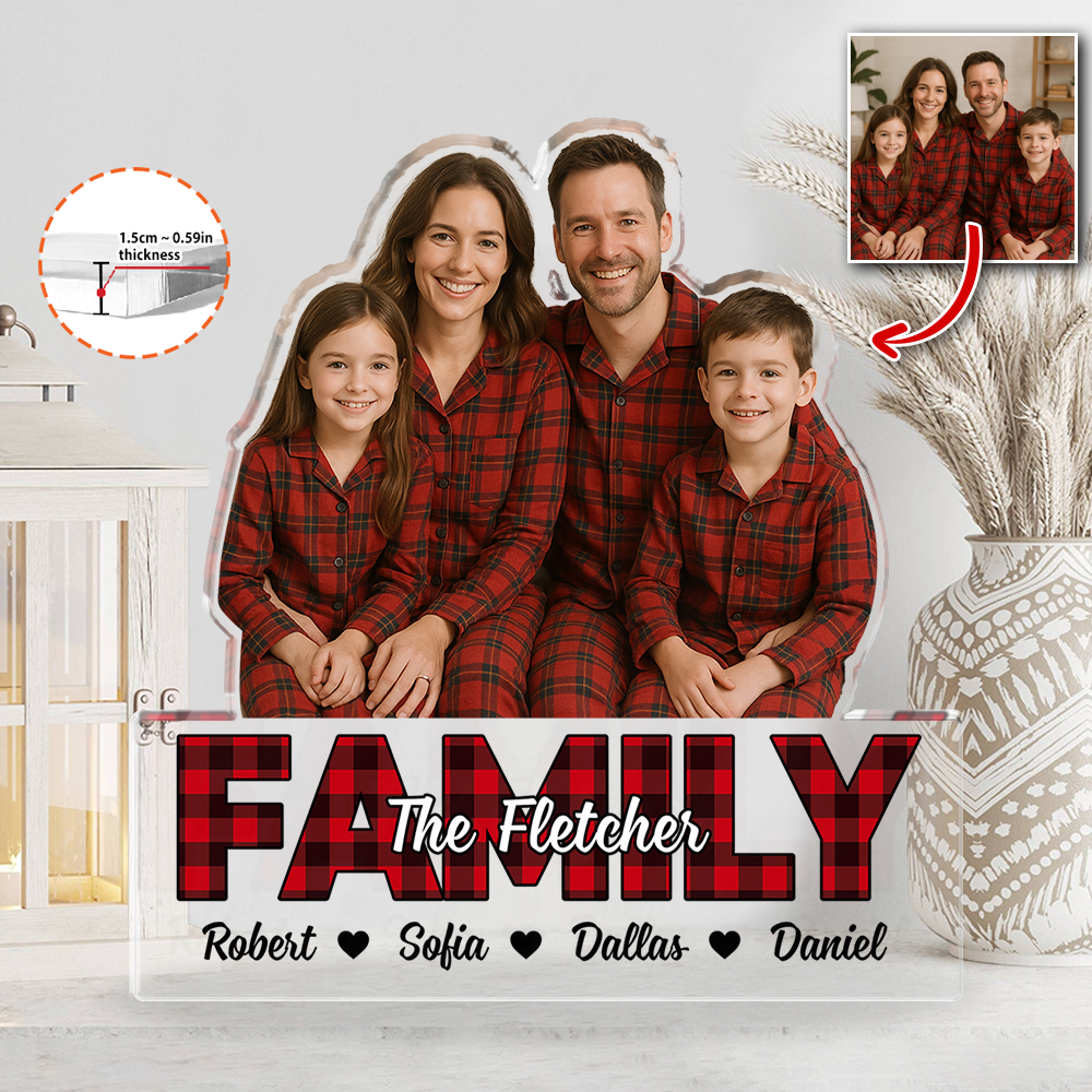 Custom family photo acrylic block plaque with personalized figures.