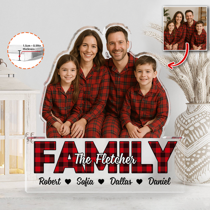 Custom family photo acrylic block plaque with personalized figures.