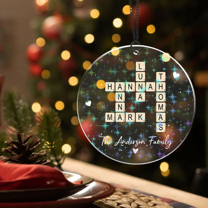 Custom family crossword puzzle ornament in a unique hologram shape.