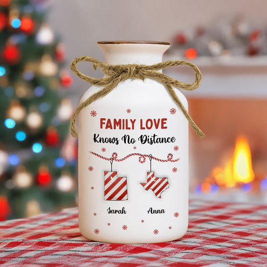 Personalized Family Distance Christmas Candy Flower Vase - Elegant white ceramic vase with custom names.