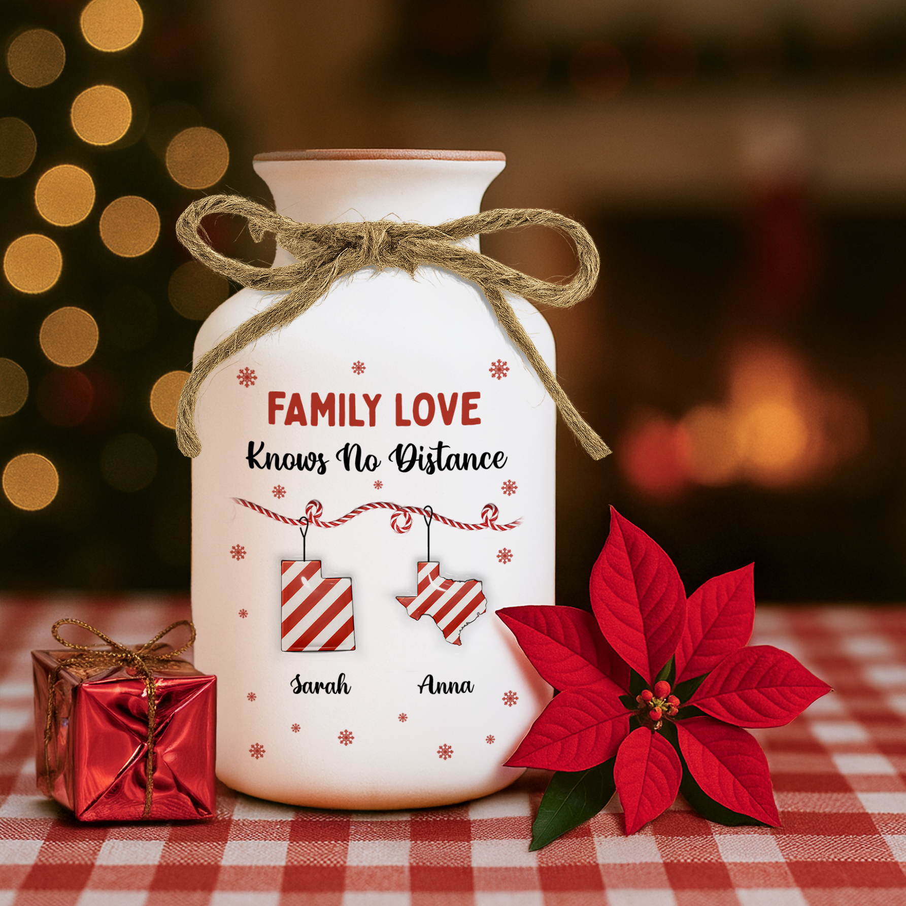 Personalized Family Distance Christmas Candy Flower Vase - Elegant white ceramic vase with custom names.