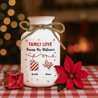 Personalized Family Distance Christmas Candy Flower Vase - Elegant white ceramic vase with custom names.
