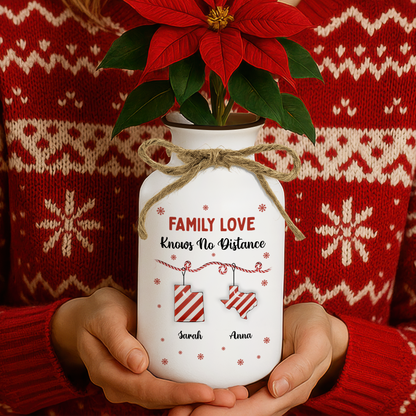 Personalized Family Distance Christmas Candy Flower Vase - Elegant white ceramic vase with custom names.
