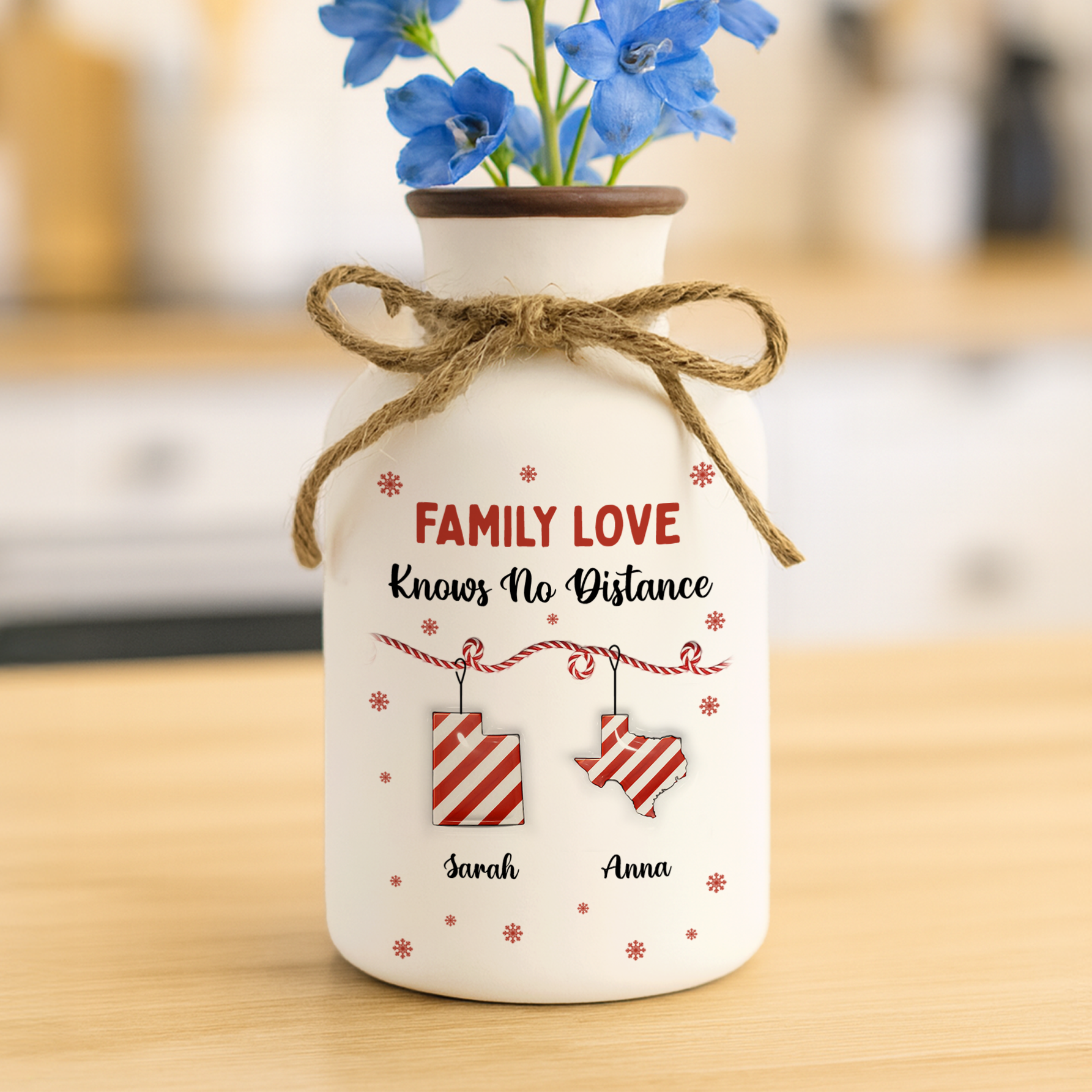Personalized Family Distance Christmas Candy Flower Vase - Elegant white ceramic vase with custom names.