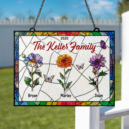 Family flowers personalized photo stained glass suncatcher hanging in a window.