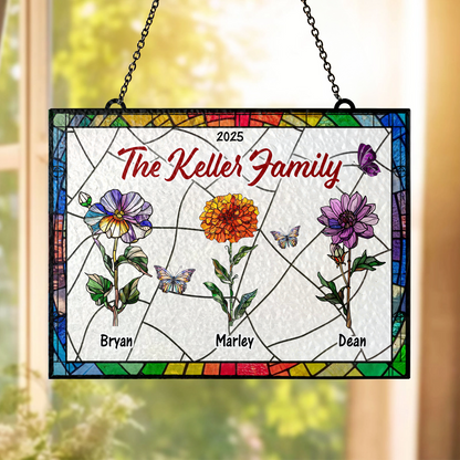 Family flowers personalized photo stained glass suncatcher hanging in a window.
