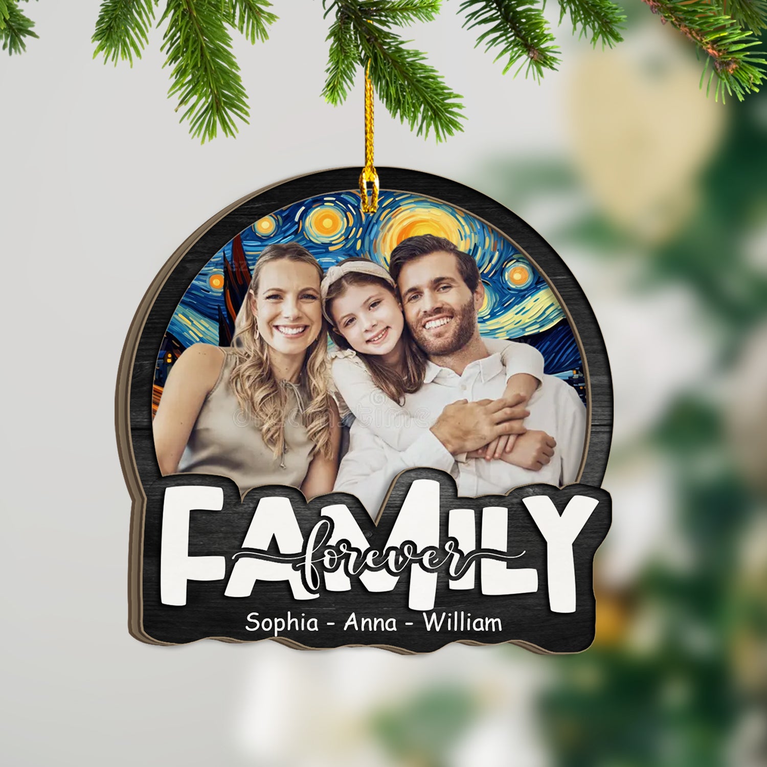 Personalized family forever suncatcher ornament hanging in a window with a colorful background.