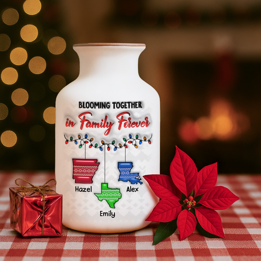 Personalized family love knows no distance flower vase. Elegant white ceramic vase with minimalist design.