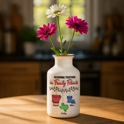 Personalized family love knows no distance flower vase. Elegant white ceramic vase with minimalist design.