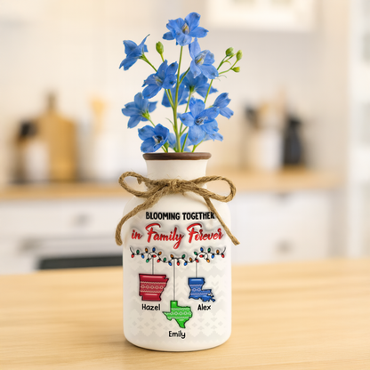 Personalized family love knows no distance flower vase. Elegant white ceramic vase with minimalist design.