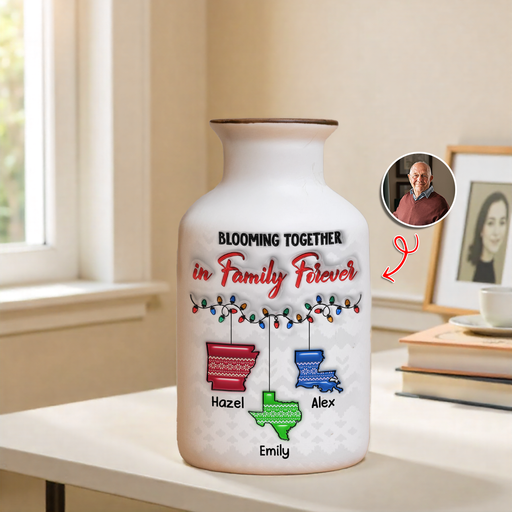 Personalized family love knows no distance flower vase. Elegant white ceramic vase with minimalist design.