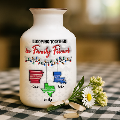 Personalized family love knows no distance flower vase. Elegant white ceramic vase with minimalist design.