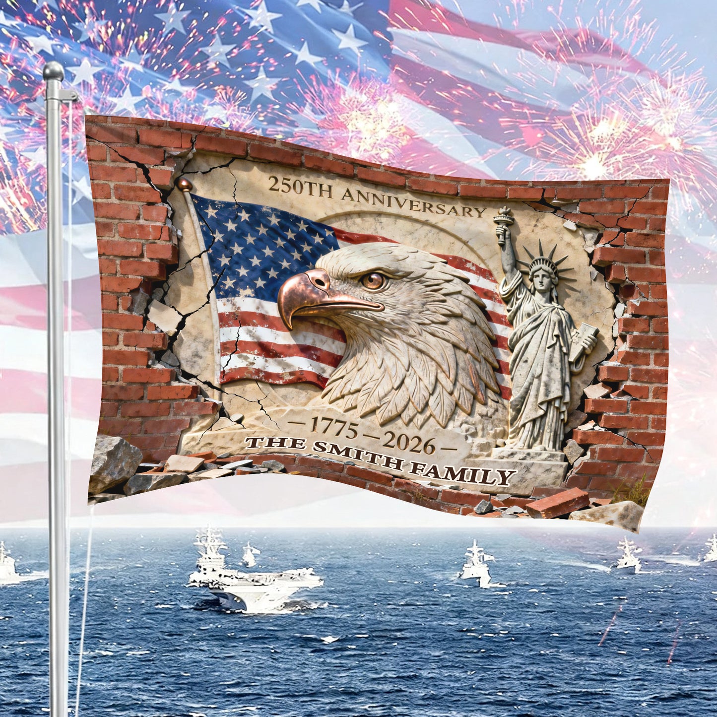 Family Name America 250 Birthday American Flag - Semiquincentennial Eagle Flag - Personalized House Flag