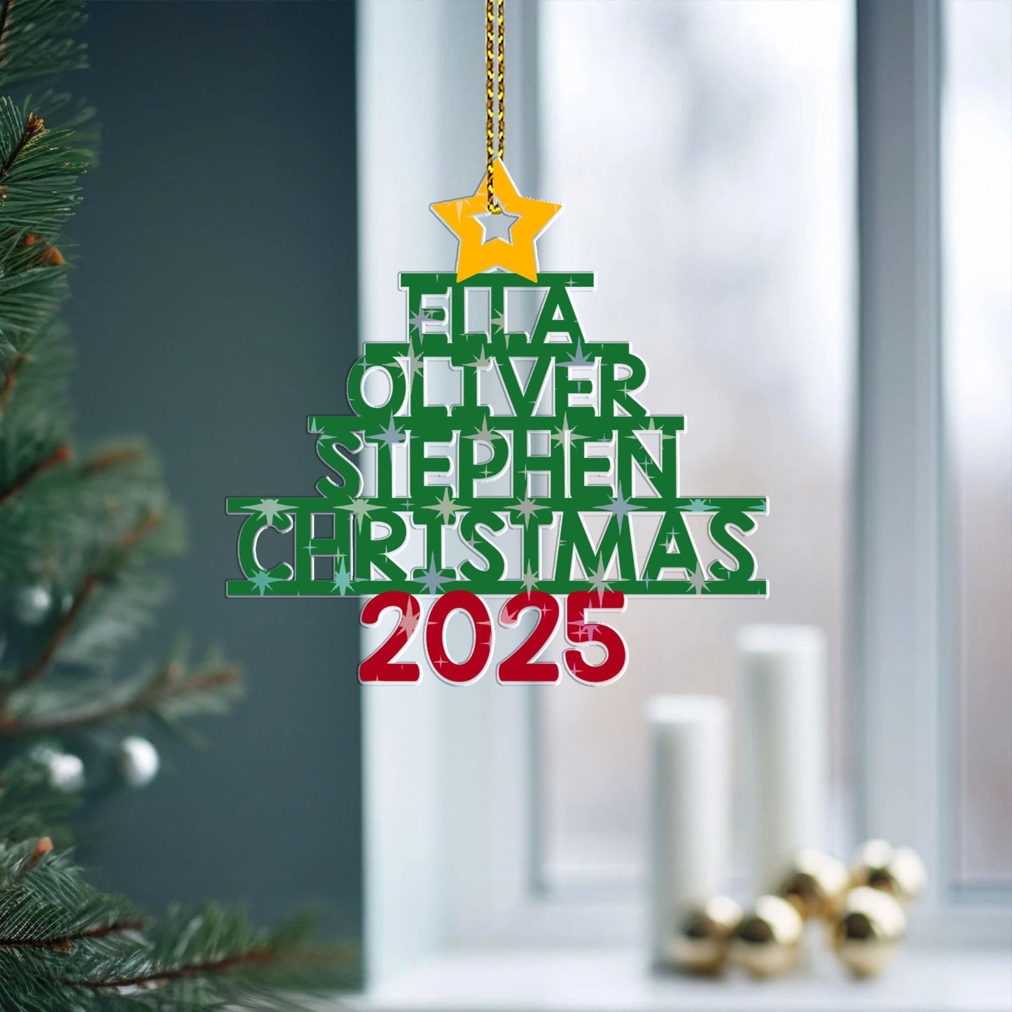 Family Names Christmas Tree Custom Shape Hologram Ornament hanging on a Christmas tree branch.