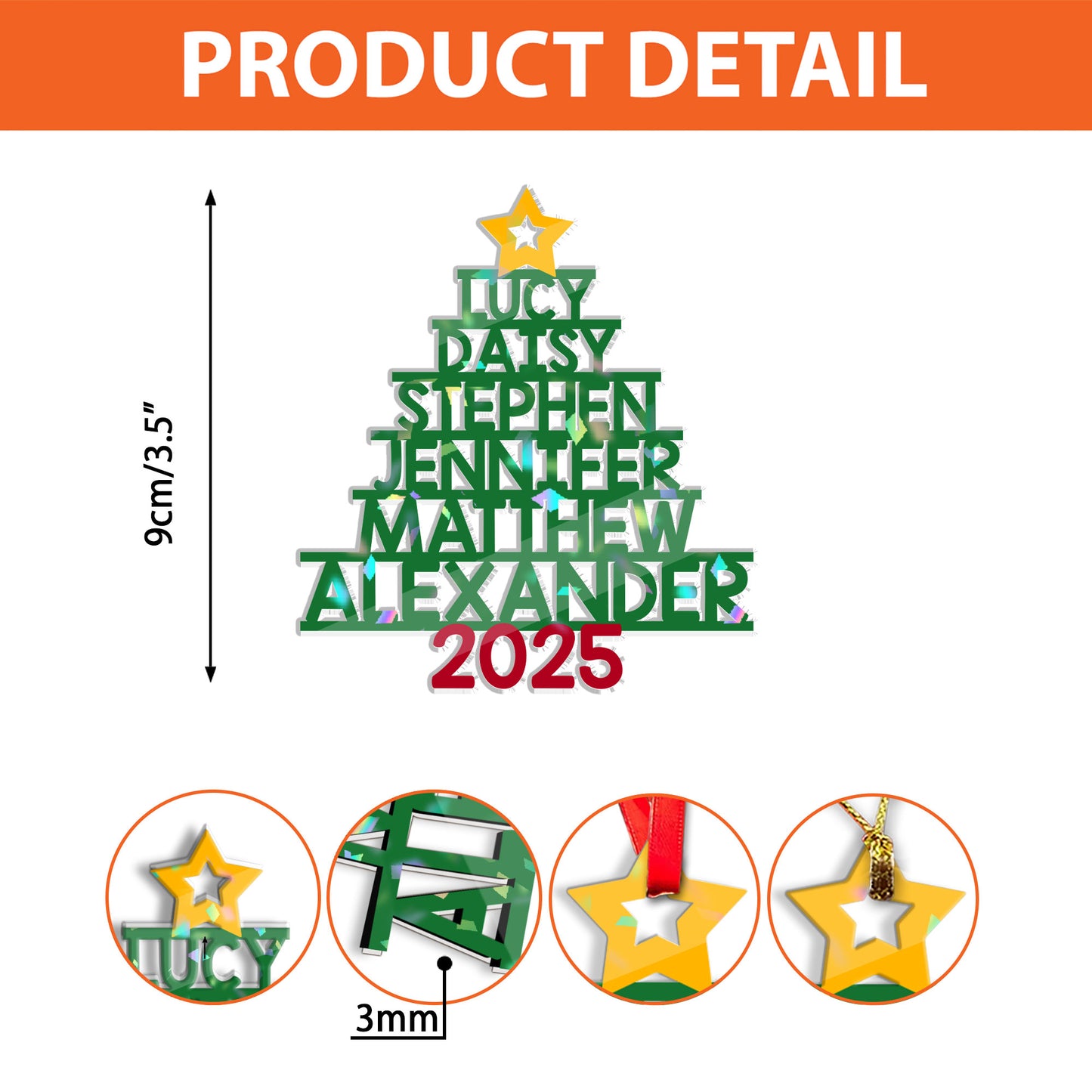 Family Names Christmas Tree Custom Shape Hologram Ornament hanging on a Christmas tree branch.