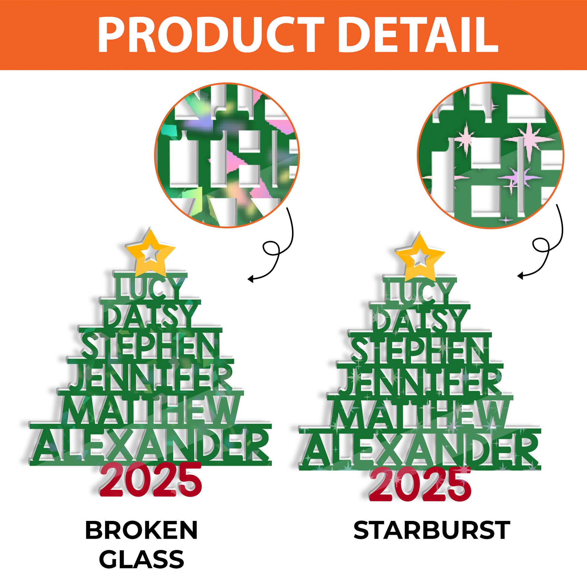 Family Names Christmas Tree Custom Shape Hologram Ornament hanging on a Christmas tree branch.