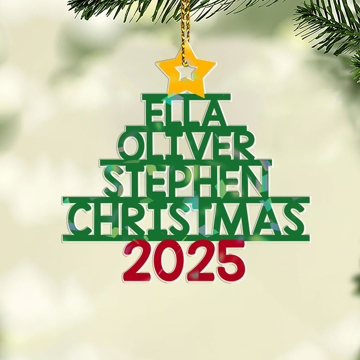 Family Names Christmas Tree Custom Shape Hologram Ornament hanging on a Christmas tree branch.