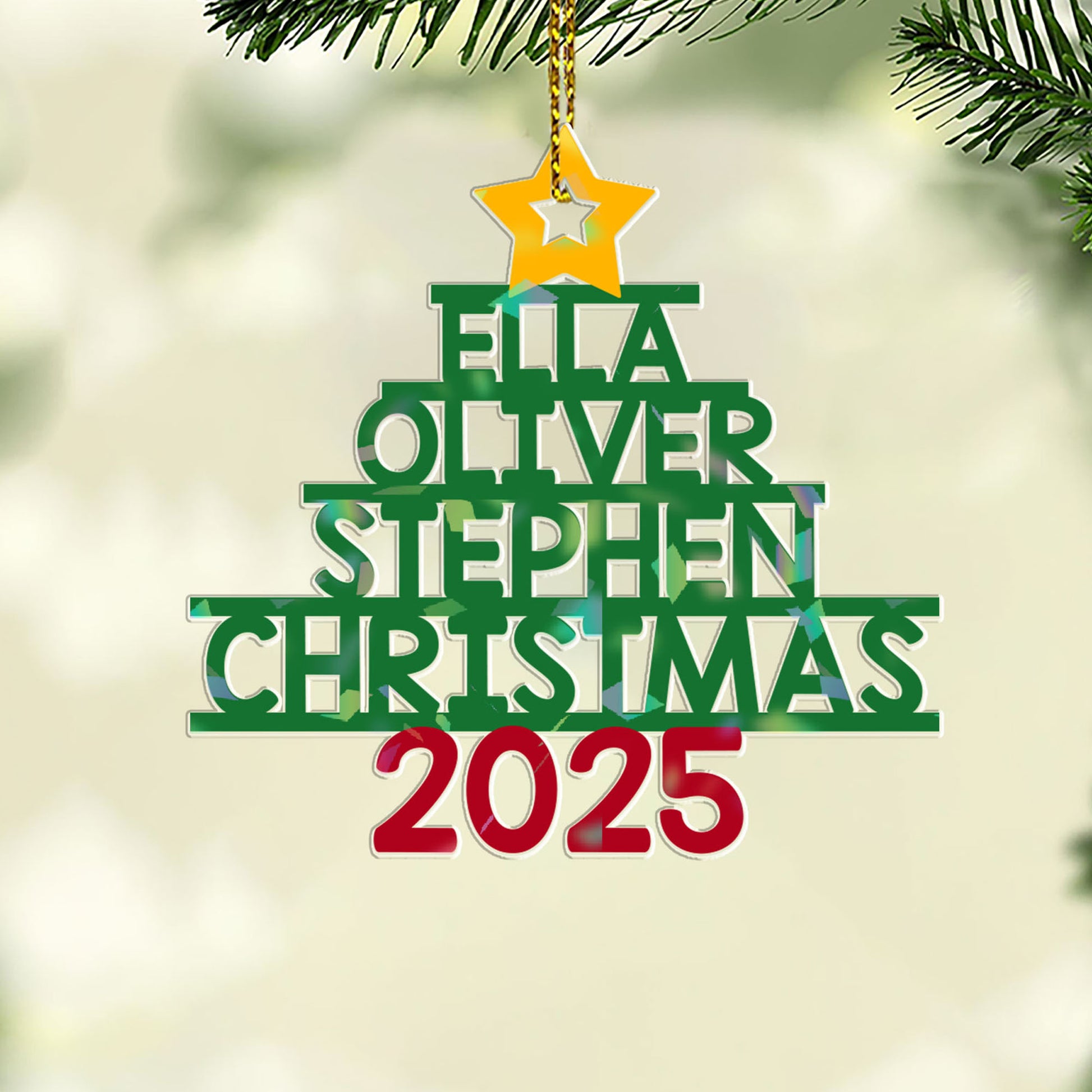 Family Names Christmas Tree Custom Shape Hologram Ornament hanging on a Christmas tree branch.