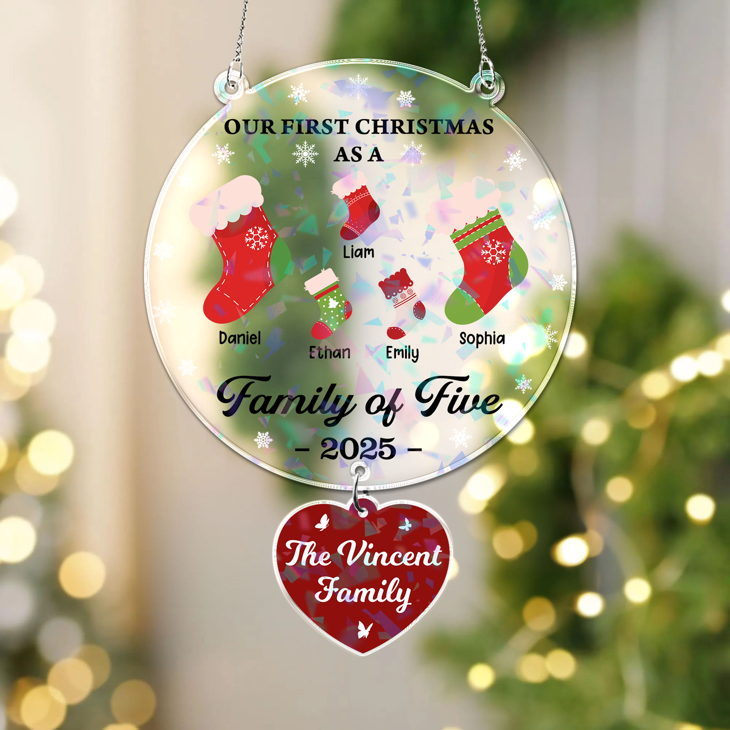 Family of hologram ornament hanging piece with crystal charm from Jillian Customs.