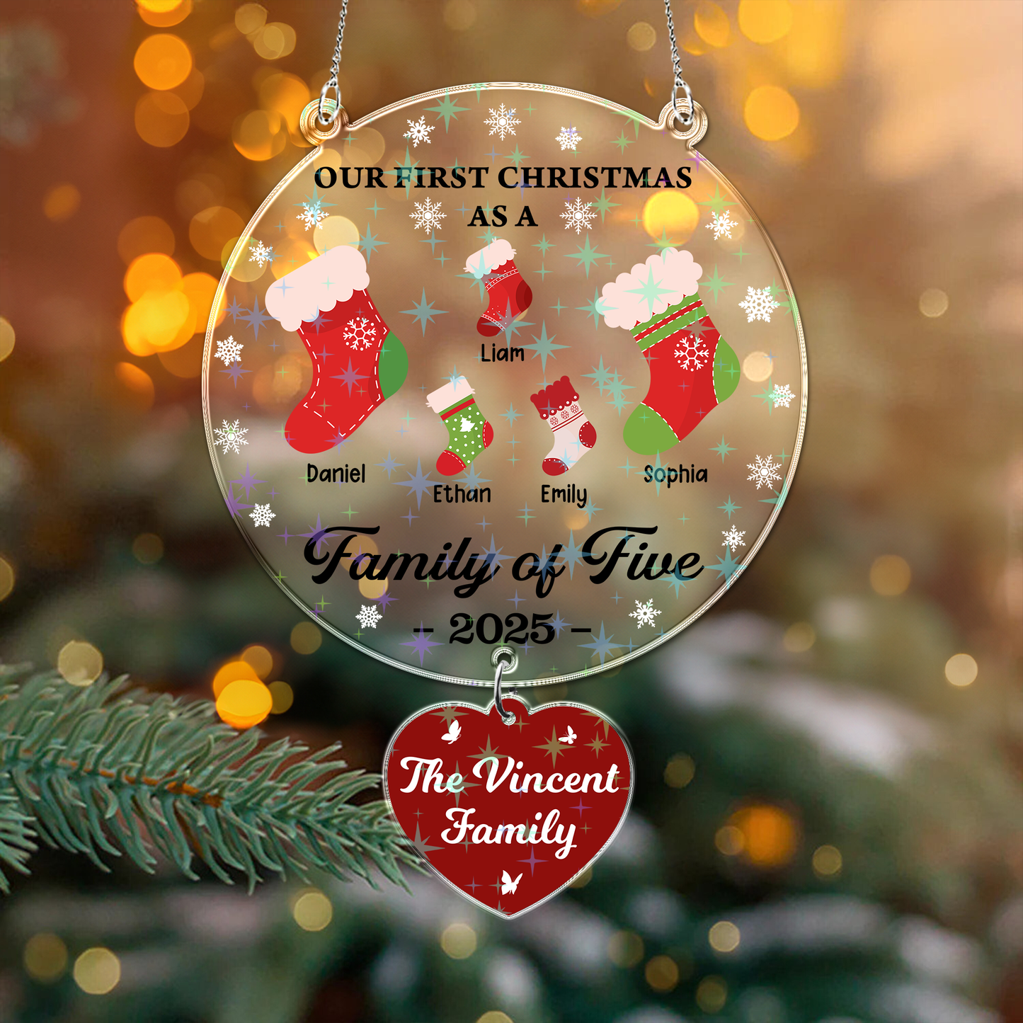 Family of hologram ornament hanging piece with crystal charm from Jillian Customs.