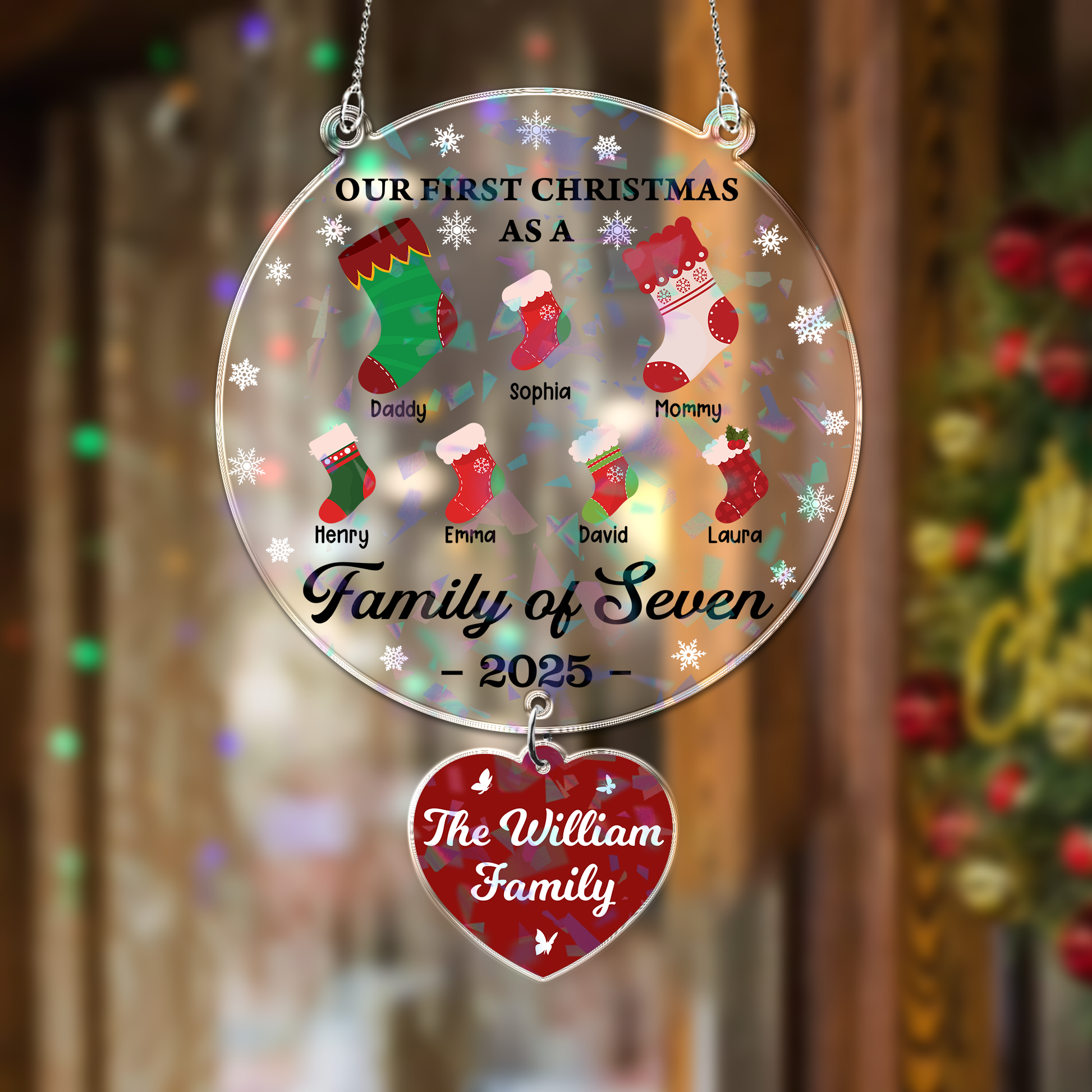 Family of hologram ornament hanging piece with crystal charm from Jillian Customs.