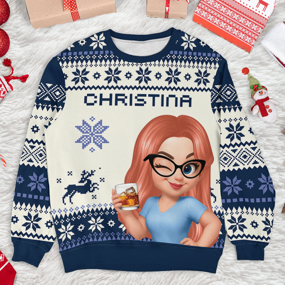 Family Personalized Custom Ugly Christmas Sweatshirt. Close-up of custom-designed wool jumper, perfect Christmas gift.