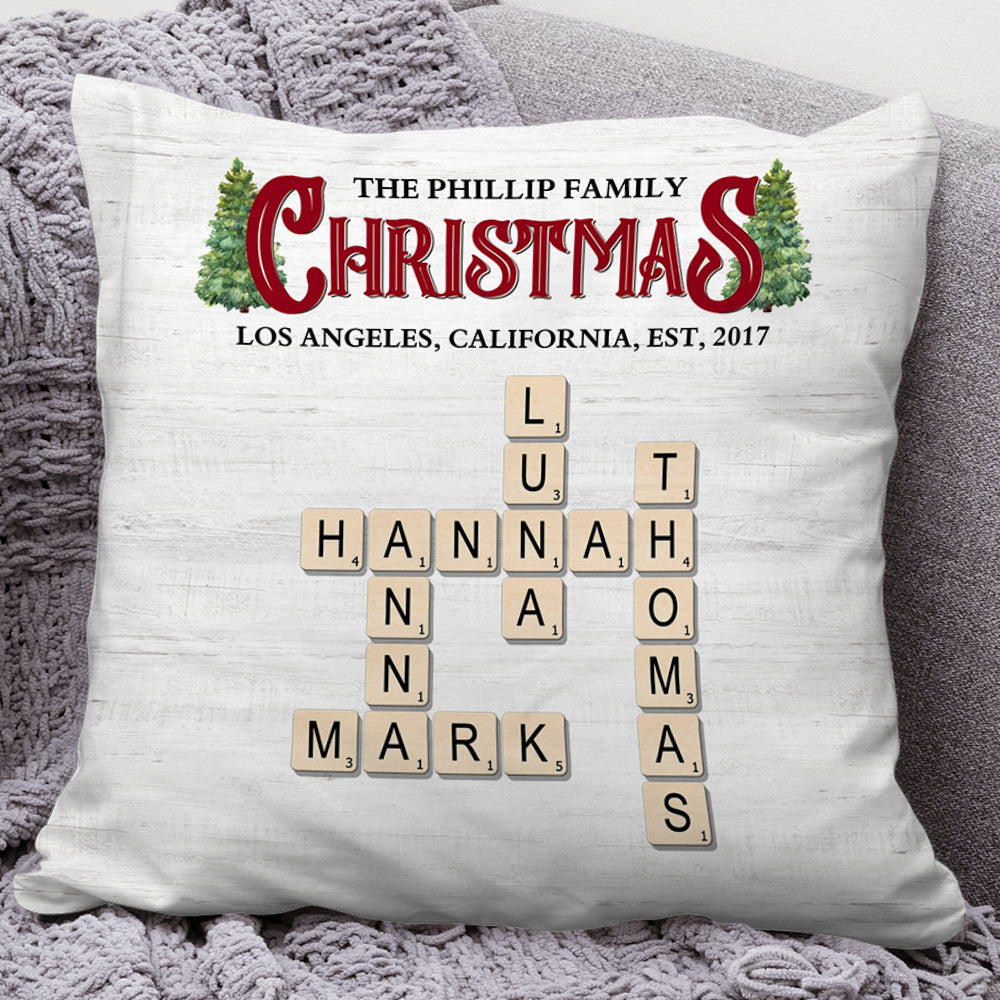 Personalized Family Rustic Christmas Crossword Pillow - A custom, unique holiday gift for the family.
