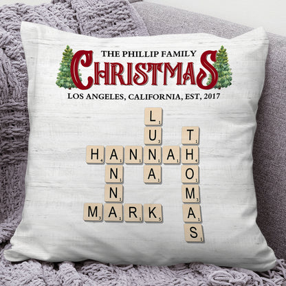 Personalized Family Rustic Christmas Crossword Pillow - A custom, unique holiday gift for the family.